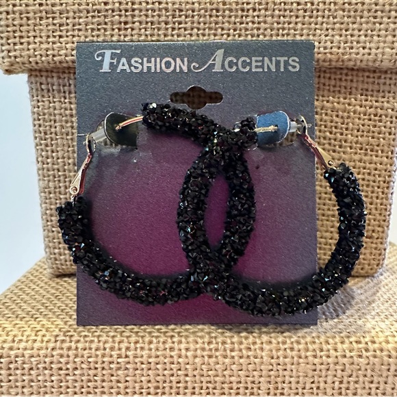NWT Fashion Accents Earrings - Big Hoops black textured - glitter - Picture 2 of 10